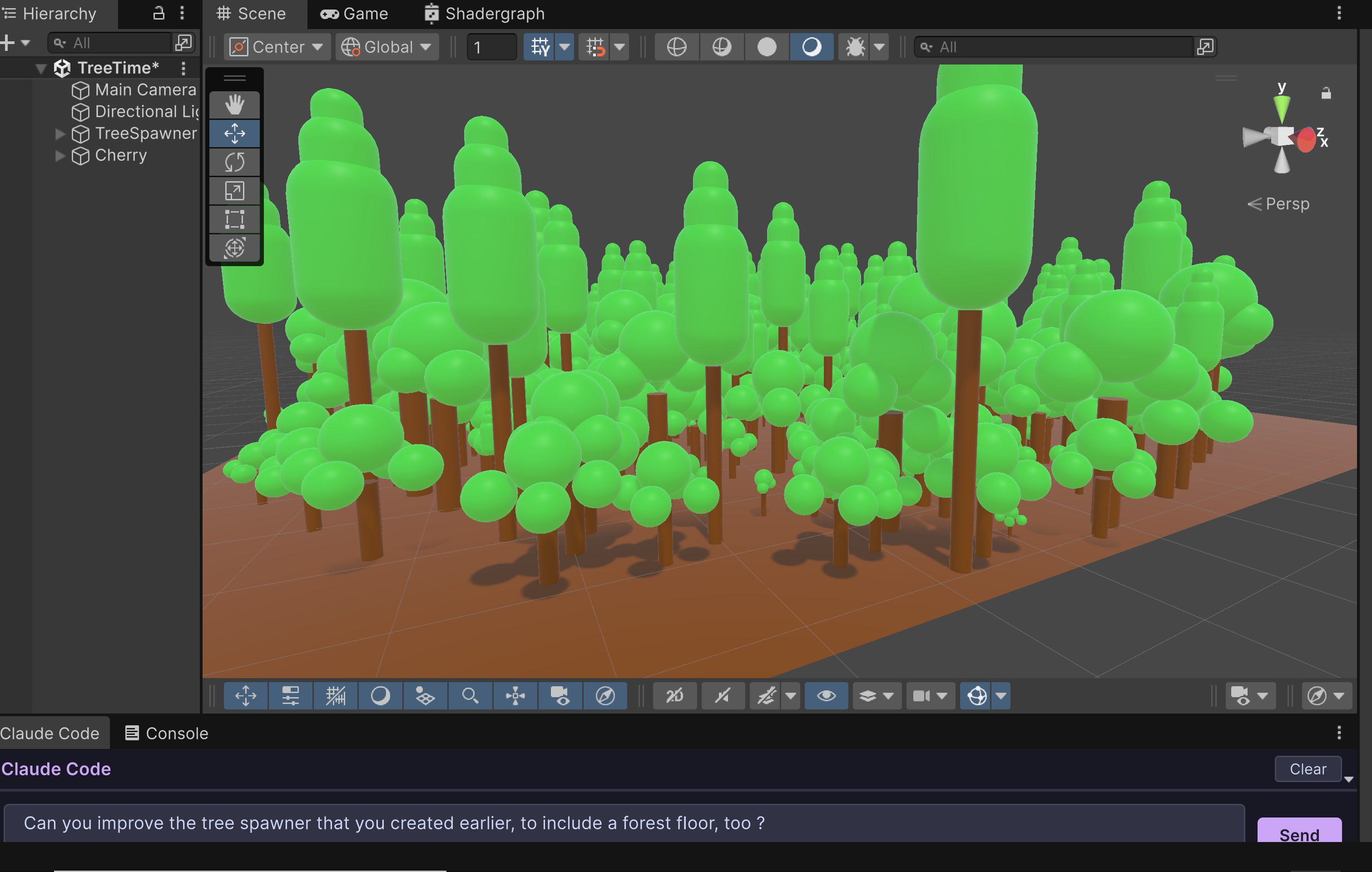 A procedurally generated forest created by Claude directly in the Unity scene